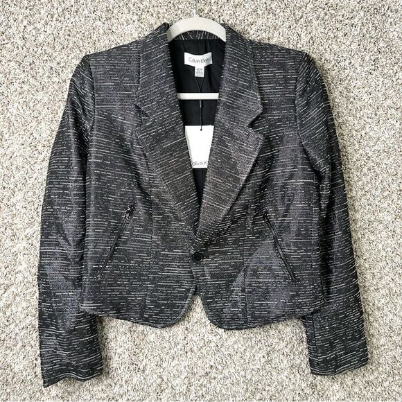 Calvin Klein Blazer Women’s XS Black & White Heathered Metallic Tweed Jacket NWT - Picture 1 of 8
